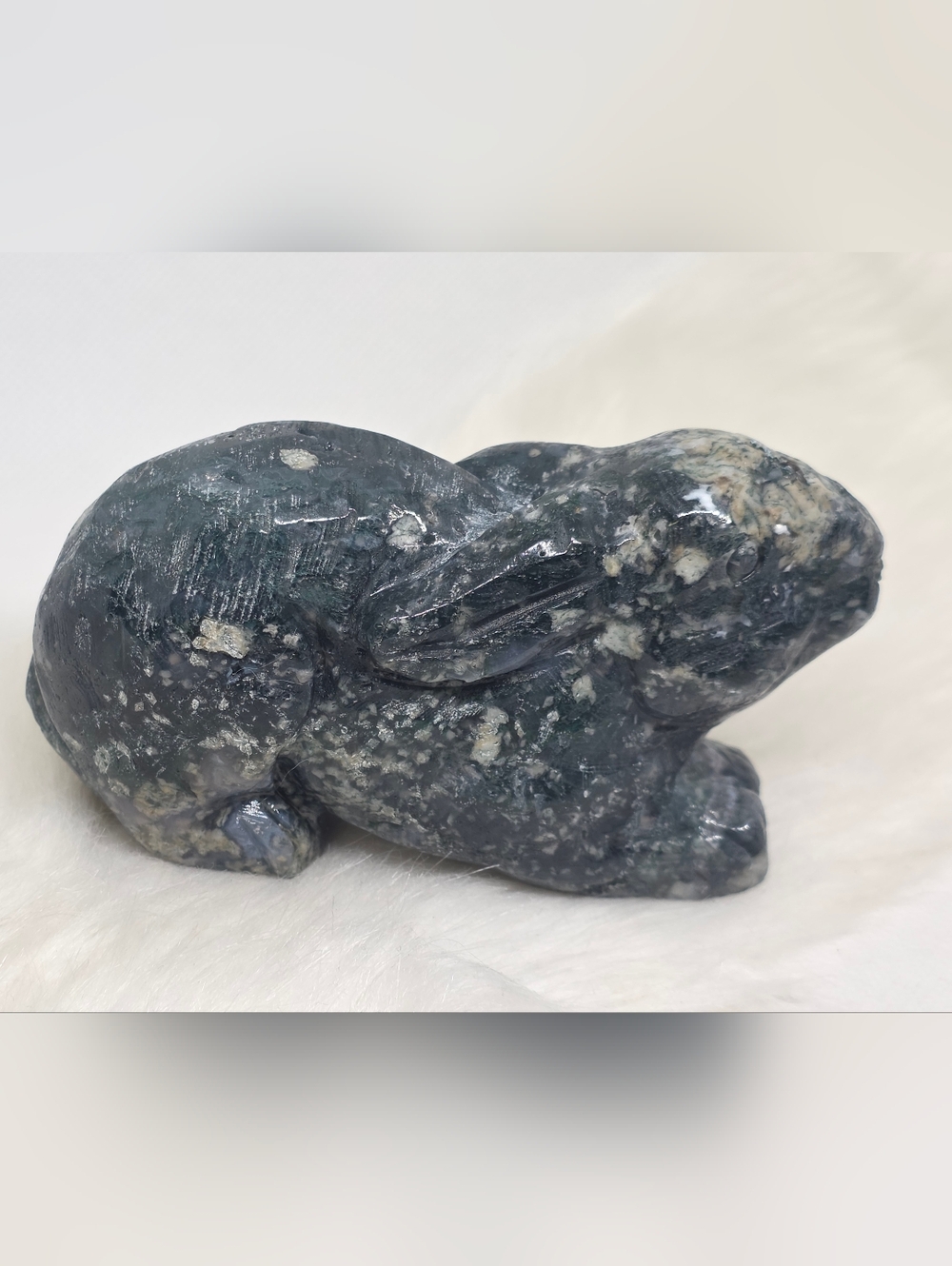 Moss Agate Bunny Carving Crystal Rabbit Figurine Green Gemstone Woodland Easter